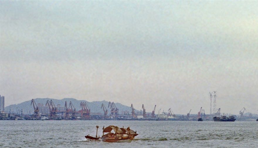 2002-03-040  - View from the local ferry to Danes Island - Pearl River , - and the endless Whampoa docks in the background - (Photo- and copyright:  Karsten Petersen)