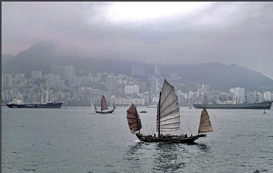 1972-02-083 -  Chinese junks and cargo ships in Hong Kong's Victoria harbour in 1972 -  (Photo- and copyright: Karsten Petersen ©)