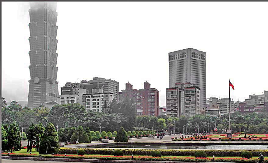 2012-02-29.035  - The Chung-shan park in the middle of Taipei. Take note of the tall building to the left, disappearing in the clouds.  It is the 