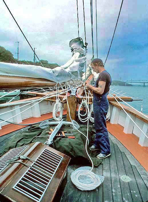 Here professional sailor, - Palle -, is giving the rigging a final touch just before departure - -