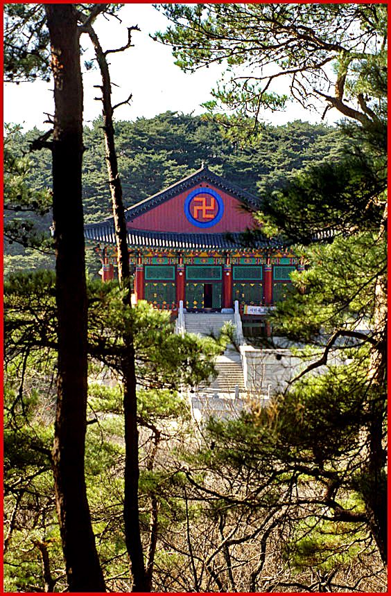 1999-09-070 - Palgongsan - through the pines, - the new Great Hall at the big Buddha statue - (Photography by Karsten Petersen)