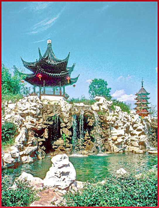Essential elements of a Chinese Garden, - water, - rocks, pagodas and pavillions - - - (Photo- and copyright:  Karsten Petersen)