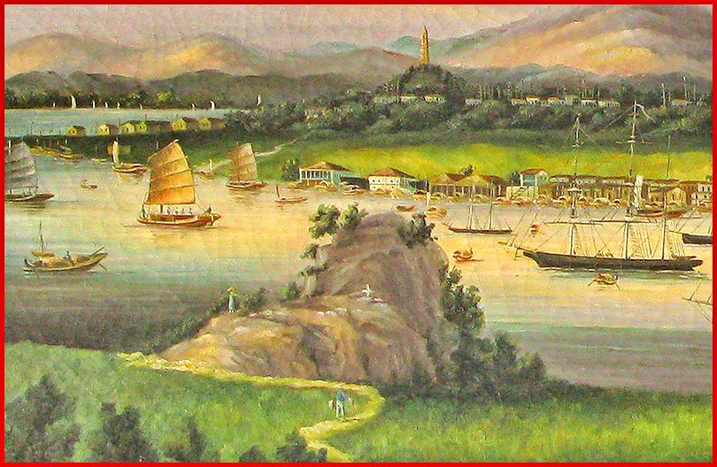 2002-07-003-2  - Danes Island Detail showing Cemetery Hill on Danes Island,- and Huangpu with pagoda - (From the private collection of the web master)