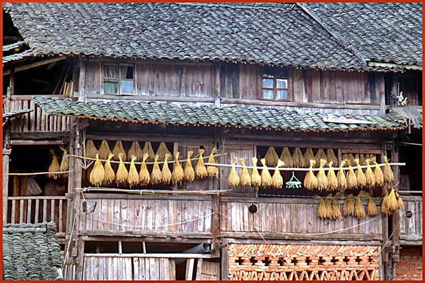 2003-18-040  - Dong Village  -  A closer view of a Dong house in the village Ping. Take note of the bundles of rice, drying on long poles  -  (Photo- and copyright: Karsten Petersen)