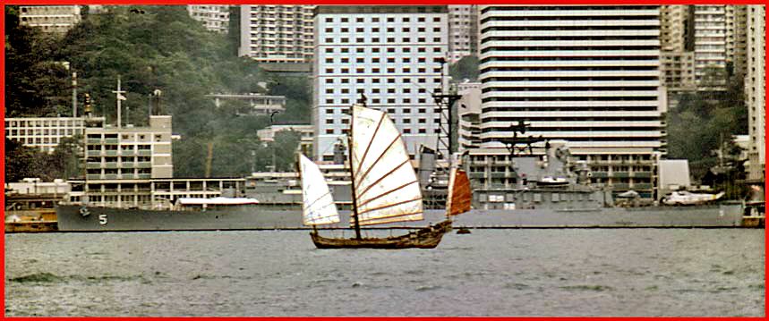 1976-48-032L  - Chinese Junk - contrast, - Chinese junk and US Navy cruiser  USS 
