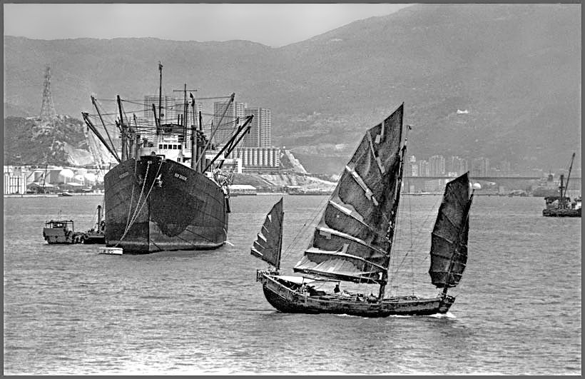 KO412-frame 8  -  Chinese Junk - in Hong Kong Harbour, - freighter 