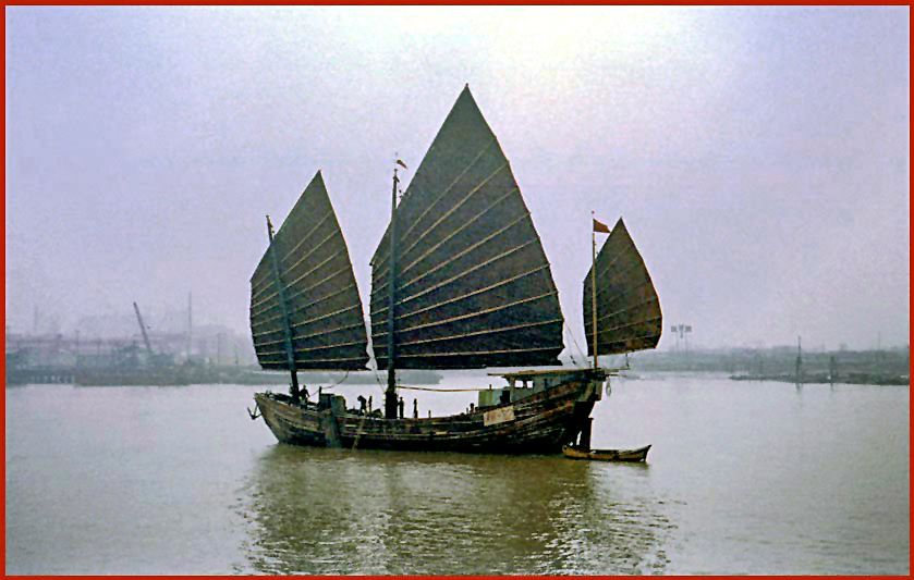 01764-Frame-34  - Chinese Junk - in morning mist on the Huang-pu river, Shanghai, China , - March 4. 1973 - (Photo- and copyright: Karsten Petersen)