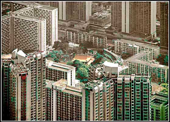 1997-02-035  - The Wong Tai Sin temple squeezed-in between Hong Kongs tall buildings - - -