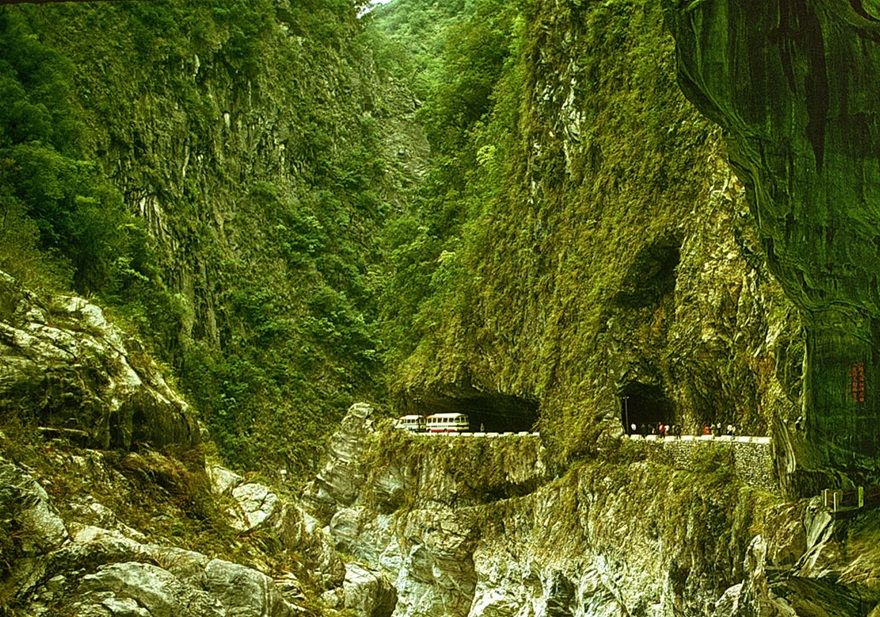 1973-13-001  -  The road carved into the mountain side - - -  Above the Liwu river - -